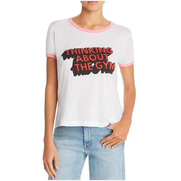 Wildfox Thinking About The Gym Ringer Short Sleeve Graphic Tee White Size S NWOT - Picture 1 of 7